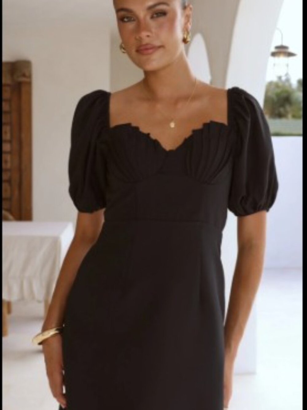 Black Puff-Sleeve Mini Dress with Structured Bust